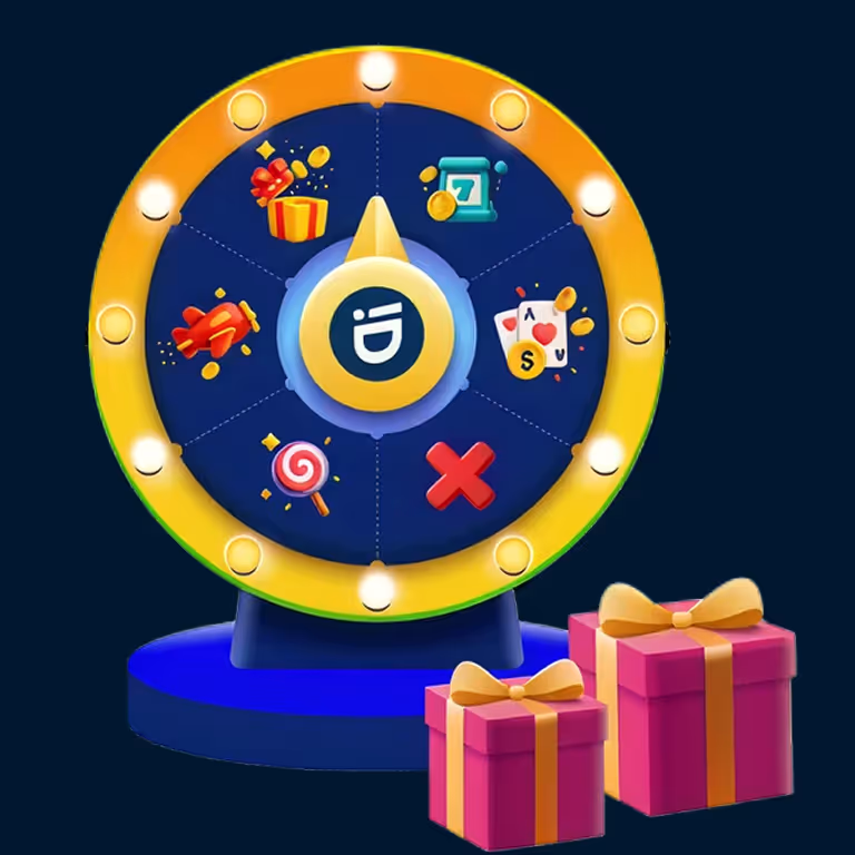 Una colorida ruleta de la fortuna con íconos de juego junto a cajas de regalo rosadas, que destaca las recompensas en DaleBets Casino.