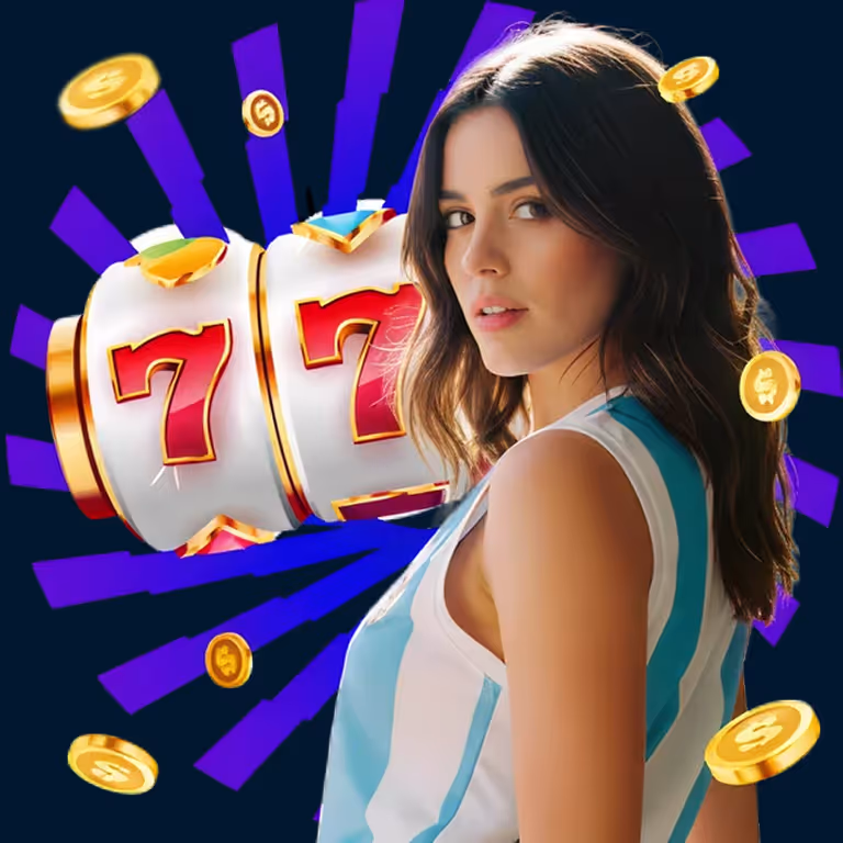Una mujer joven frente a una máquina tragamonedas clásica con el número 7 de la suerte y monedas flotando en DaleBets Casino.
